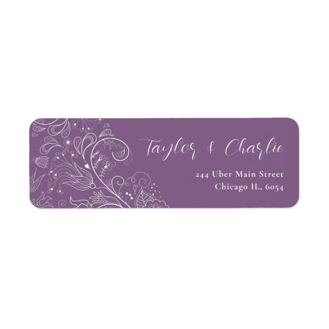 Etiqueta Casamento Floral Elegante Roxo Dusty (Frente)