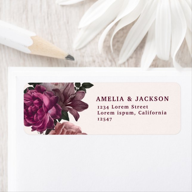 Etiqueta Casamento Floral Escuro de Elegante Burgundy (Insitu)