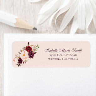Etiqueta Casamento Floral Rosa Bege & Borgonha Elegante