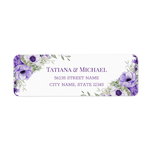 Etiqueta casamento floral roxo com guião elegante (Frente)