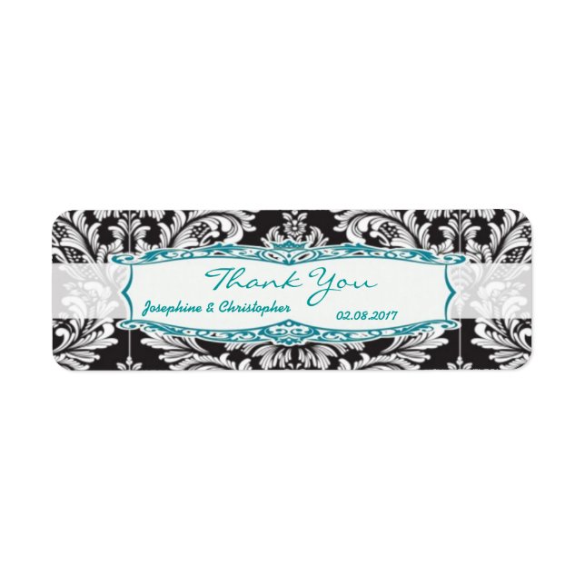 Etiqueta Casamento preto e branco Damask Obrigado Laboratór (Frente)