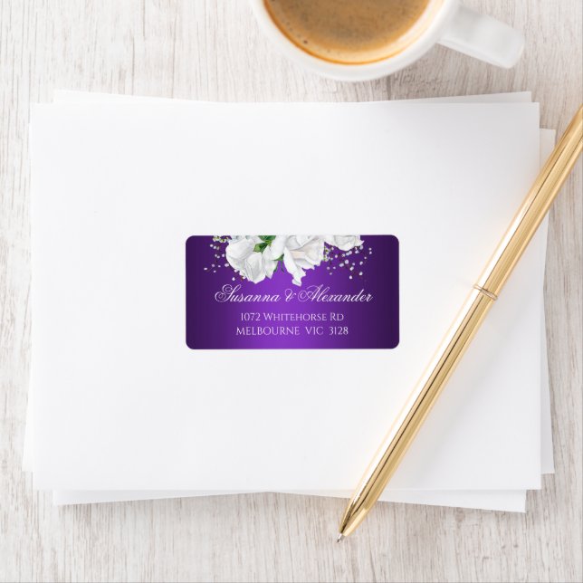 Etiqueta Casamento Púrpura de Rosas Brancas Elegantes (Insitu)