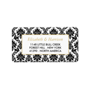Etiqueta Casamento tema damasco Dourado, Preto e Branco