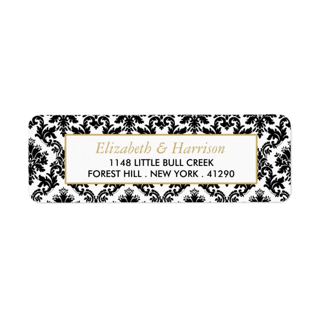Etiqueta Casamento tema damasco Dourado, Preto e Branco (Frente)