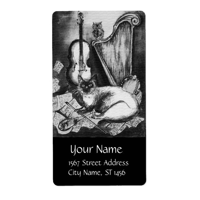 Etiqueta CAT MUSICAL,OWL,VIOLIN,HARP Black White Cinza Musi (Frente)