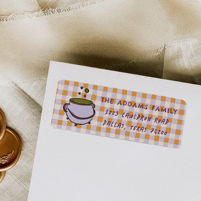 Etiqueta Cauldron Checkered Halloween Endereço de Devolução (Witch Cauldron Purple and Orange Checkered Halloween Return Address Labels)