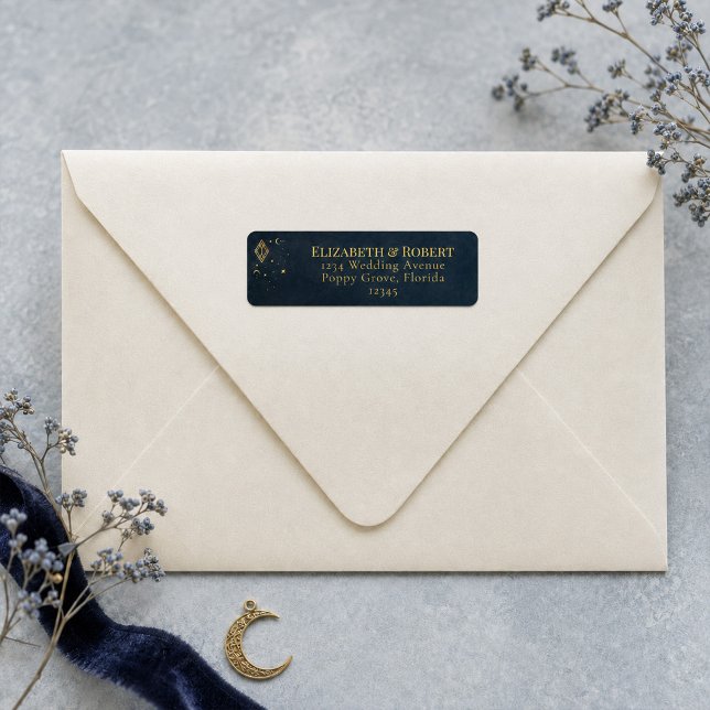 Etiqueta Celestial Gothic Midnight Azul Dourado Endereço de (Celestial Gothic Midnight Blue Gold Return Address Label)