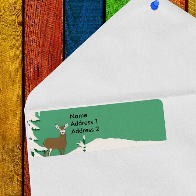 Etiqueta Cena de inverno de Deer Snow (Return address label with white face female deer in snow by pine tree.)