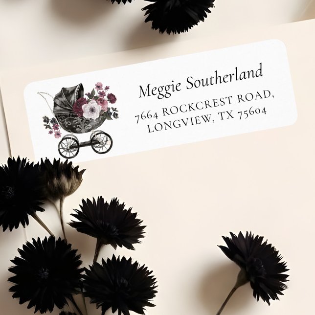 Etiqueta Chá de fraldas Preto Floral Gótico do Halloween (Floral Gothic Halloween Stroller Black Baby Shower Label)