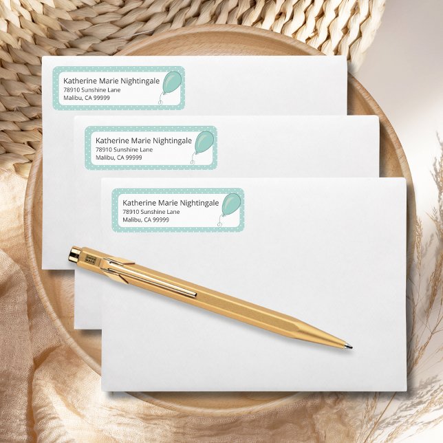 Etiqueta Chá de fraldas Sexo Neutro Casa Verde (Baby Shower Mint Green Gender-Neutral Return Address Label with white polka dots, balloon.)