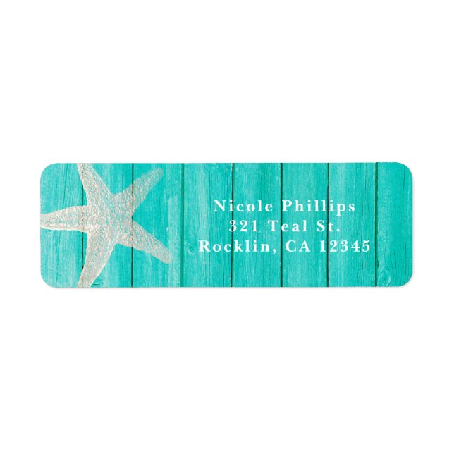 Etiqueta Chamada Elegante Teal Wood & Starfish Beach (Frente)