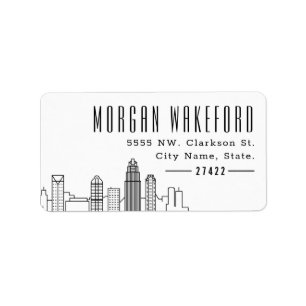 Etiqueta Charlotte, NC Stylized Skyline Large Label