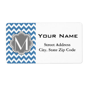 Etiqueta Chevron Azul, Monograma Personalizado Floral da Ci