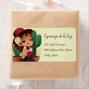 Etiqueta Chibi flamenco em chapéu espanhol e cactos