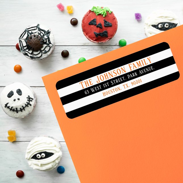 Etiqueta Chic Black White Strips Halloween Endereço de Reto (Chic Black White Stripes Halloween Return Address Label)