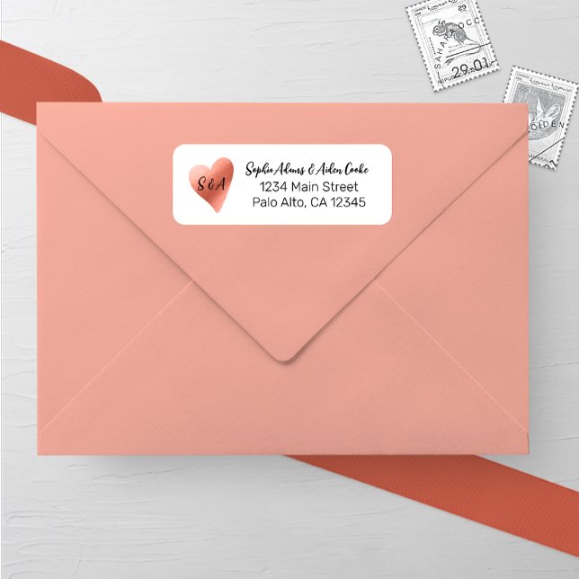 Etiqueta Chic Rosa Dourado Heart Wedding Endereço de Retorn (Criador carregado)
