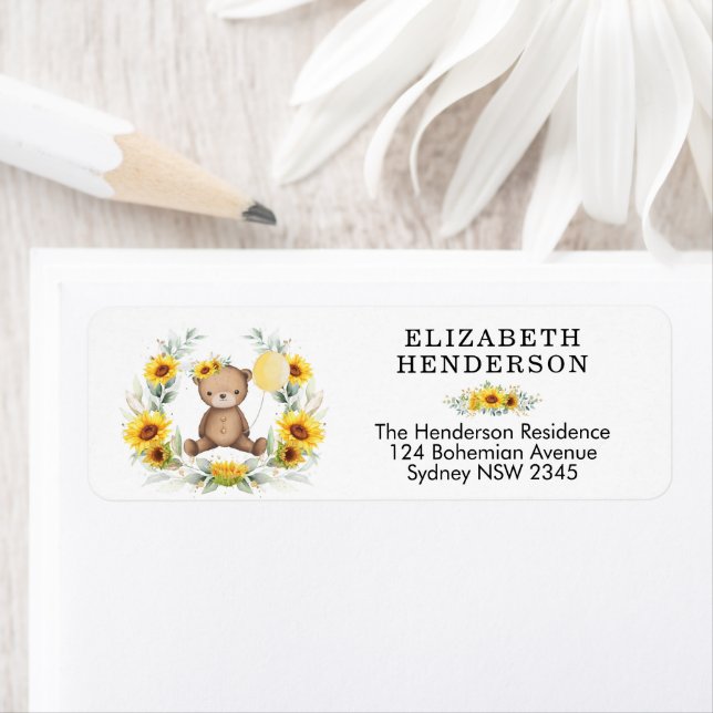 Etiqueta Chic Sunflower Teddy Bear Yellow Balloon Endereço (Insitu)