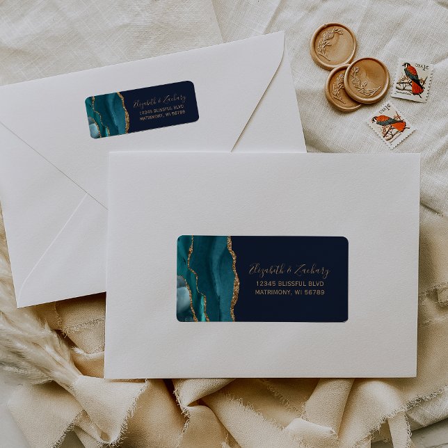 Etiqueta Chic Teal Dourado Marinho Azul Endereço de Devoluç (Criador carregado)