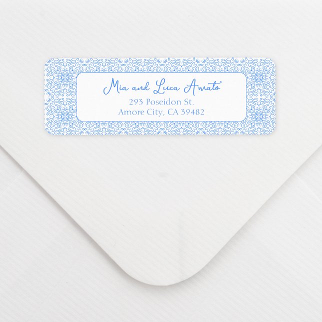 Etiqueta Chic Whimsical Blue Azulejo Patterno Mediterrâneo (Bring a chic Mediterranean vibe to your invites with this blue tile pattern address label.)