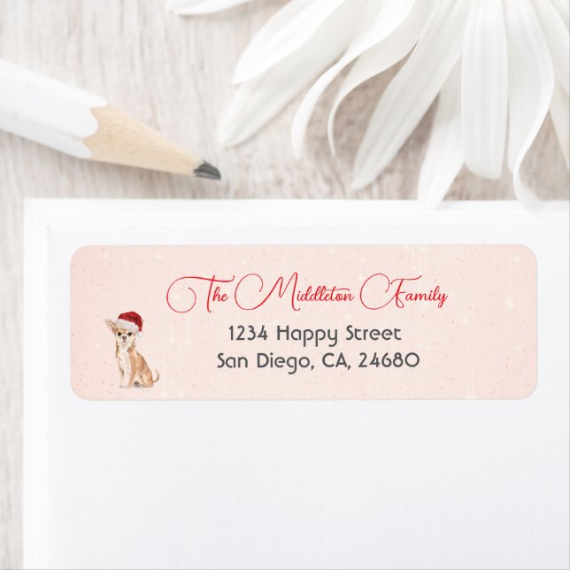 Etiqueta Chihuahua Santa Hat Cão Vermelho Feliz Natal (Insitu)