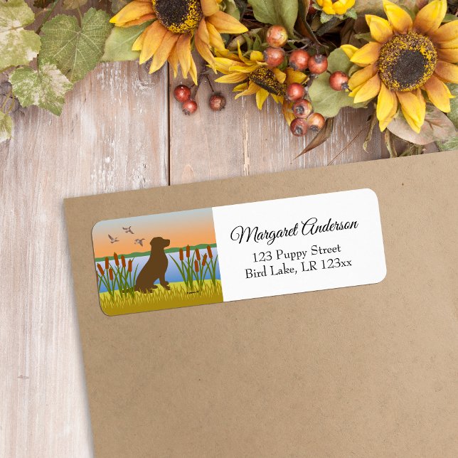 Etiqueta Chocolate Labrador Bird Dog Sunset (Chocolate Labrador Silhouette Design Return Address Label for Labrador Owners.  Bird Dog design.)