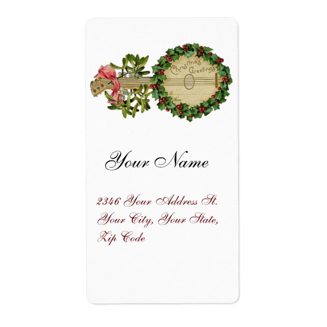 ETIQUETA CHRISTMAS BANJO COM MISTLETOS E HOLLY BERRIES (Frente)