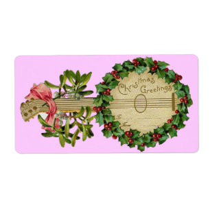 ETIQUETA CHRISTMAS BANJO WITH MISTLETOES AND HOLLY BERRIES