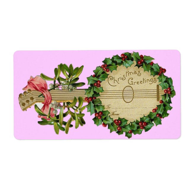 ETIQUETA CHRISTMAS BANJO WITH MISTLETOES AND HOLLY BERRIES (Frente)
