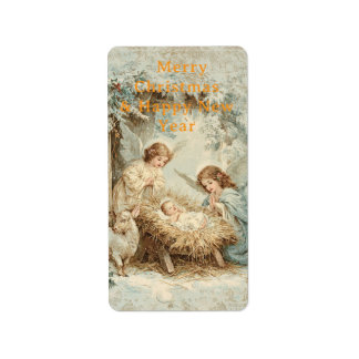 Etiqueta Christmas card with baby Jesus in a manger and ang
