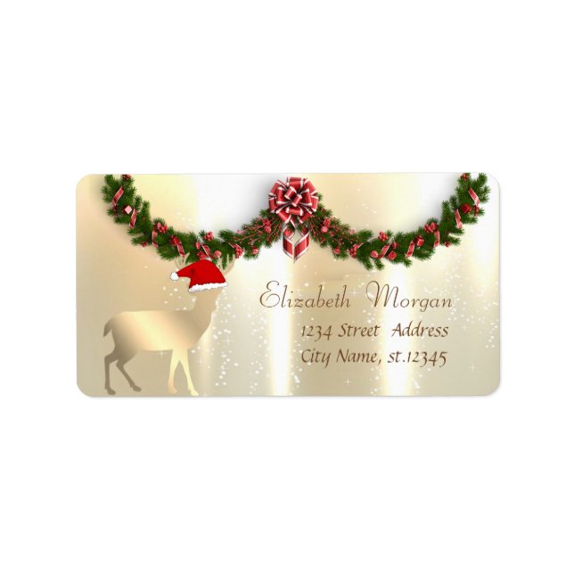 Etiqueta Christmas Gold Deer  With Santa Hat (Frente)