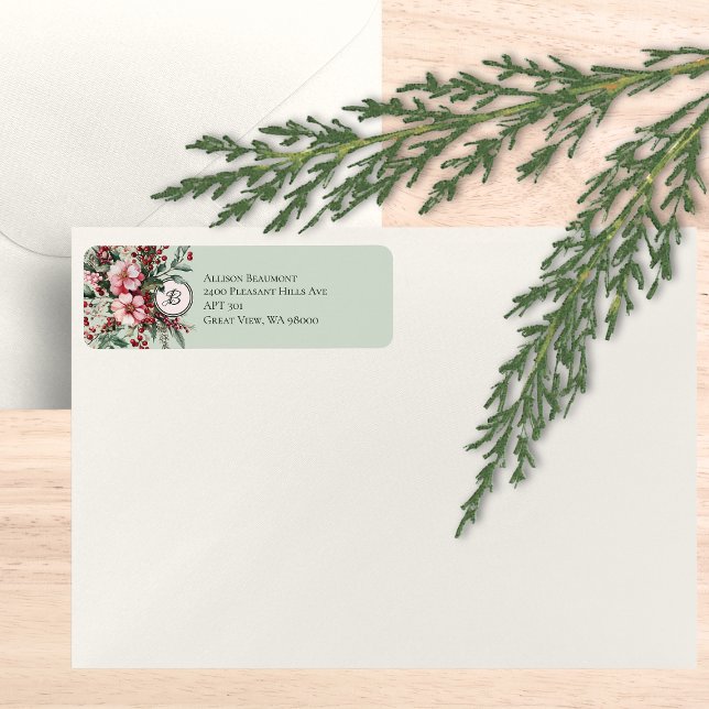Etiqueta Christmas Pink Floral Spray Elegant Monogrammed (Pink Christmas floral spray monogrammed return address label on an envelope.)