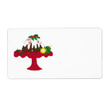 Etiqueta Christmas Pudding<br><div class="desc">A festive design featuring a yummy Christmas pudding on a red cake plate. Accented with holly berries and ornaments.</div>