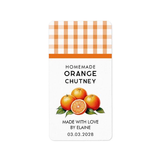 Etiqueta Chutney caseiro de laranja com padrão xadrez (Frente)