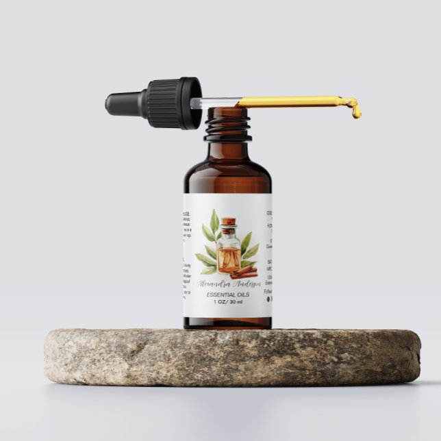 Etiqueta Cinamão Botânico Óleos Essenciais Aquarela (Botanical Cinnamon Essential Oils Watercolor Label)