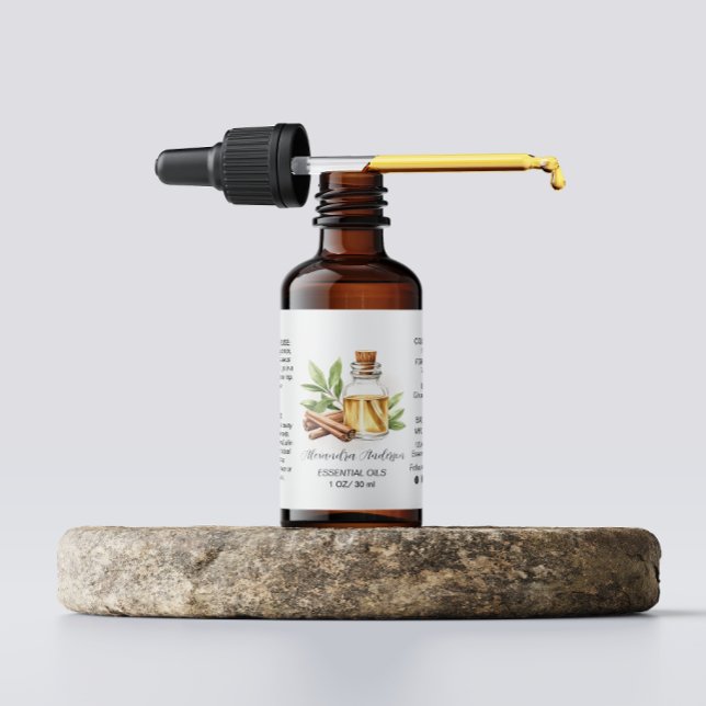 Etiqueta Cinamão Verde Óleos Essenciais Aquarela (Greenery Cinnamon Essential Oils Watercolor Label)