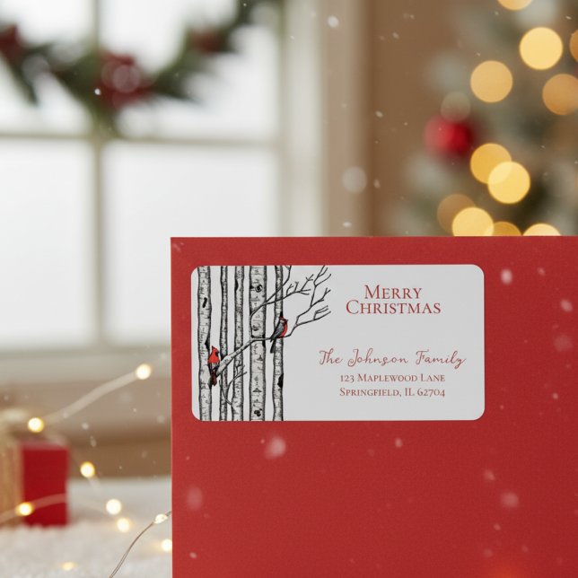 Etiqueta Cinzas Feliz Natal Cardinais Ramificações de Birch (Elegant Festive Winter Light Gray Return Address Label. Hand Drawn Red Cardinal Birds in Birch Trees)