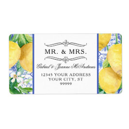 Etiqueta Citrus Lemons Greenery Wreath Blue e White Azulejo