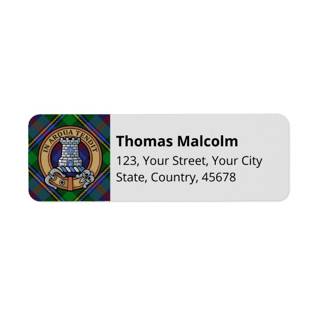 Etiqueta Clan Malcolm Crest over Tartan (Frente)