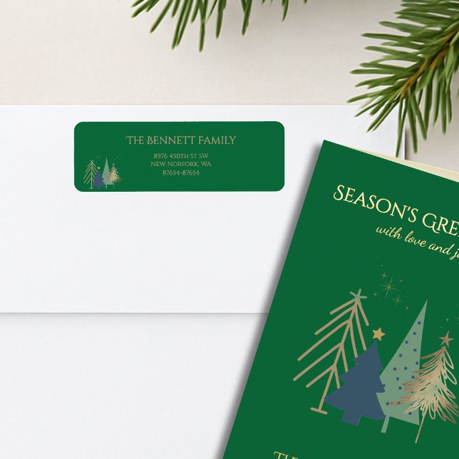 Etiqueta Classic Christmas Tree Seasons Greetings Gold Foil (Criador carregado)