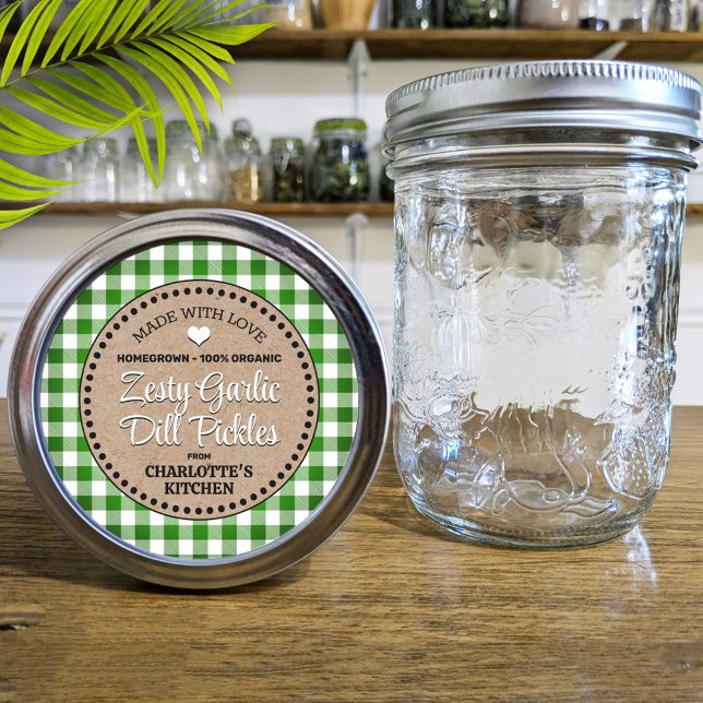 Etiqueta Clássica Gingham Verde Canning Jar (Criador carregado)