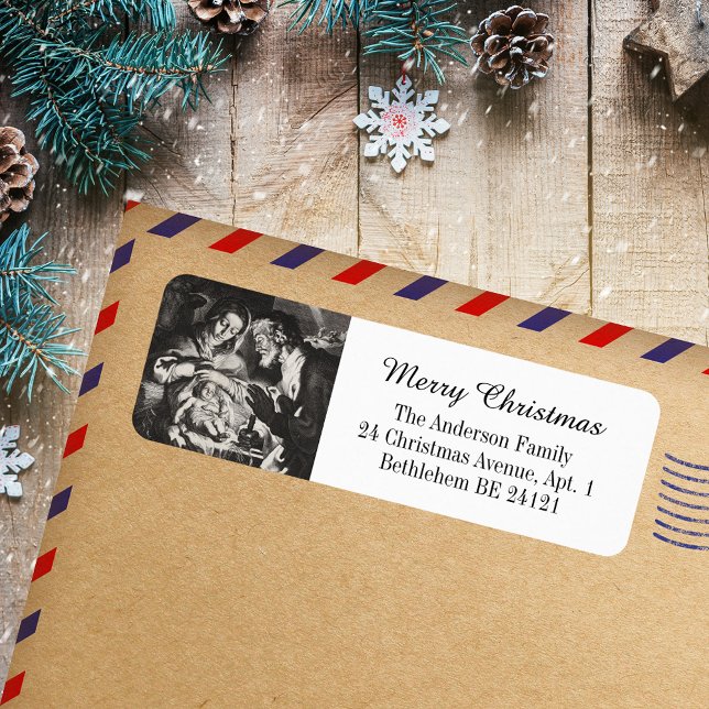 Etiqueta Clássico Elegante Religioso Cristão Santo Natal (Classic Elegant Black and White Religious Christian Catholic Christmas Holiday Return Address Label)