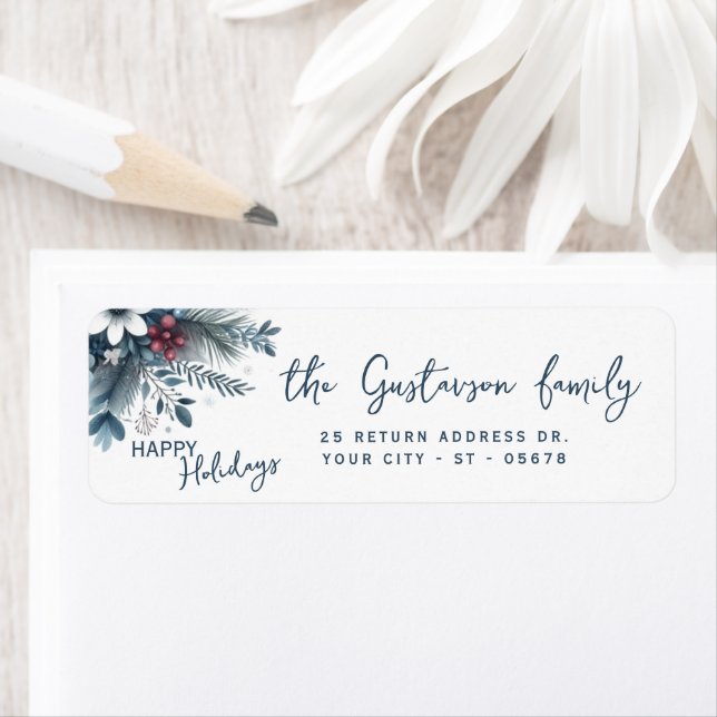 Etiqueta Classy Dark Teal Blue Red Floral Holiday Wreath (Insitu)