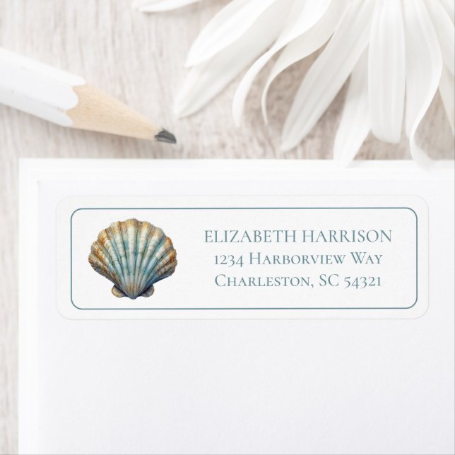 Etiqueta Coastal Blue Scallop Seashell Personalized (Insitu)