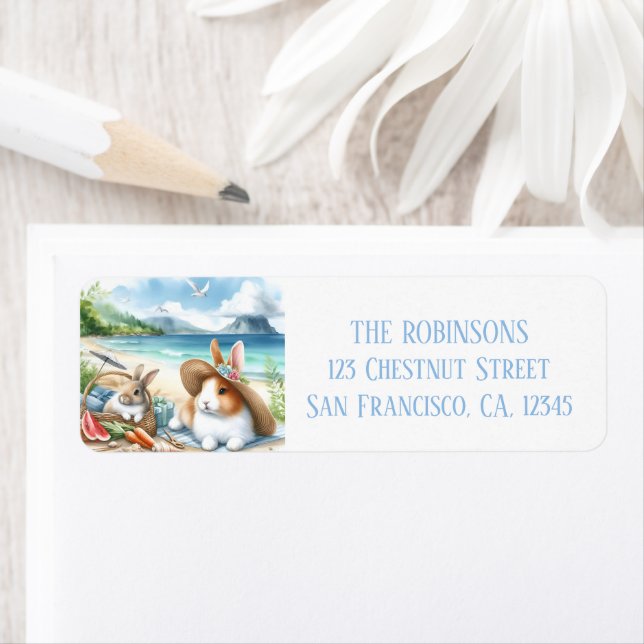Etiqueta Coelhos de Aquarela de Verão na praia (Insitu)
