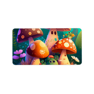 Etiqueta Cogumelos e flores insetos verdes