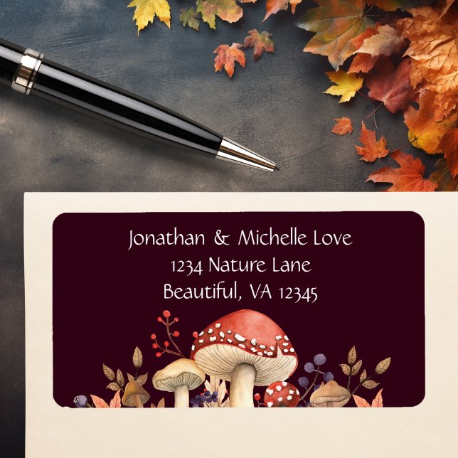 Etiqueta Cogumelos, plantas e folhas de outono (Autumn Mushrooms, Plants and Leaves Fall Address Label)