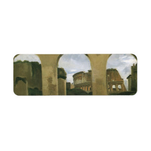 Etiqueta Colosseum visto através das arcadas em Roma,