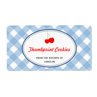 Etiqueta Comida de cereja vermelha padrão de gingham azul