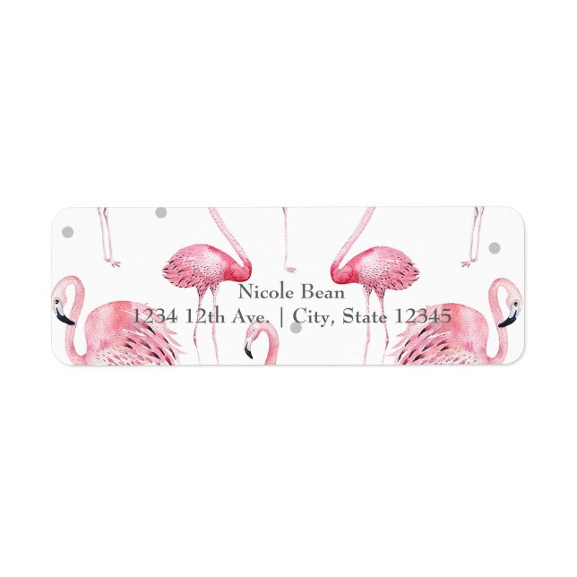 Etiqueta Convite Chic com Flamingos Rosa e Pontos Cinza (Frente)