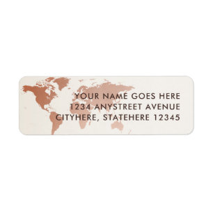 Etiqueta Copper Terracotta Tan World Map Return Address